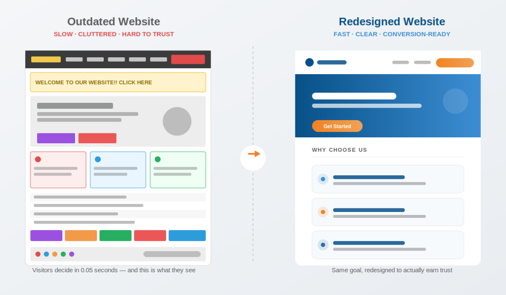 "Outdated website vs redesigned website comparison"